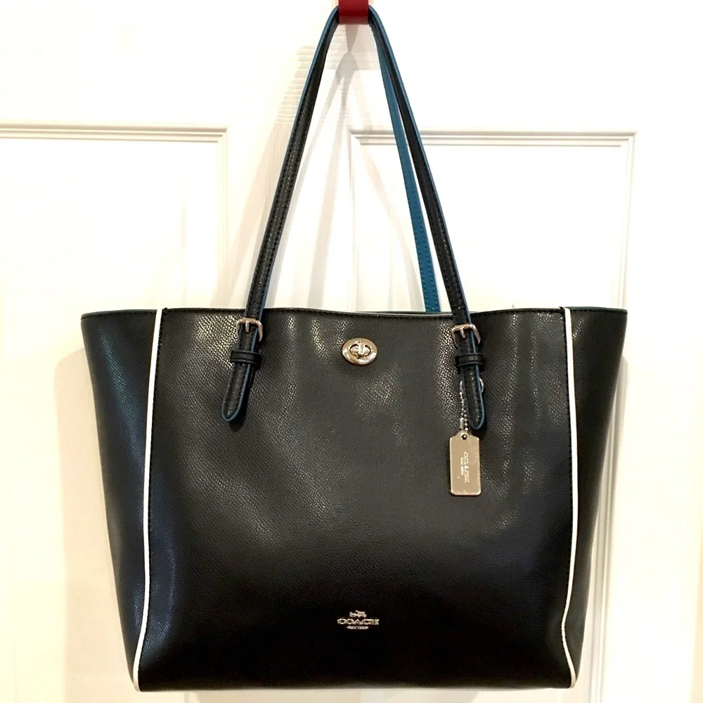 Coach Turnlock Tote bag Edgestain Leather Black Teal Turquoise L Handbag 38323 - Picture 3 of 16
